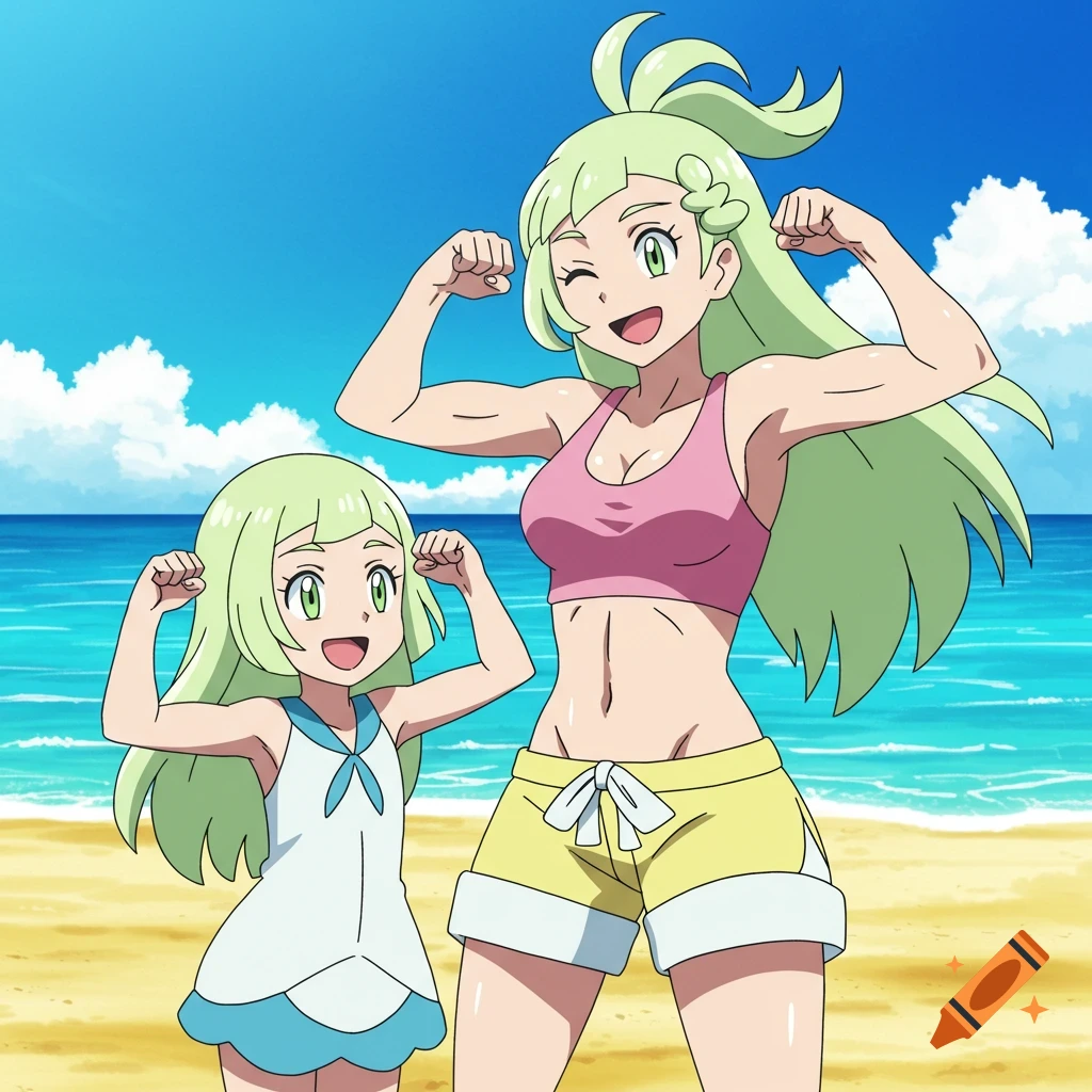 Anime style image of Lillie's mom and Lillie flexing their arms on a sunny beach.