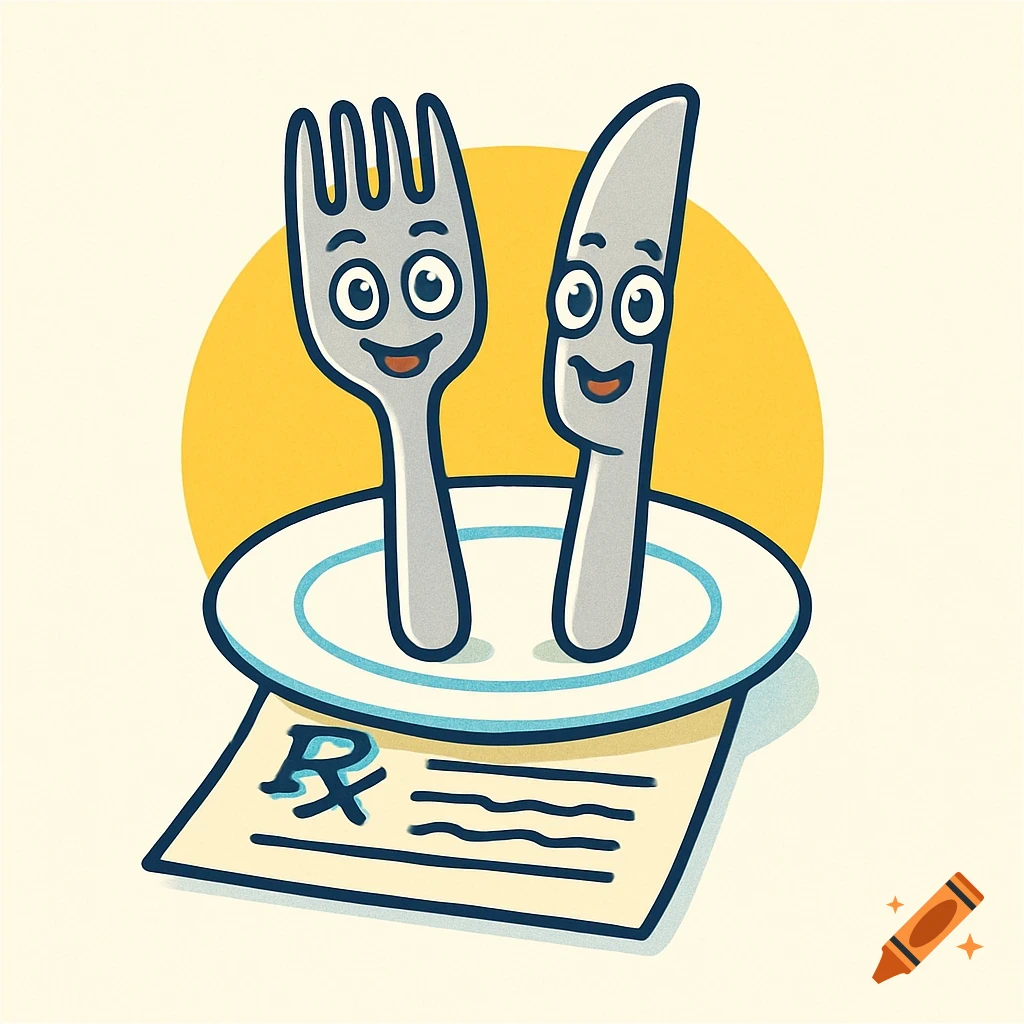 A cartoon illustration of a happy fork and knife standing on a plate, with a doctor's prescription pad underneath.