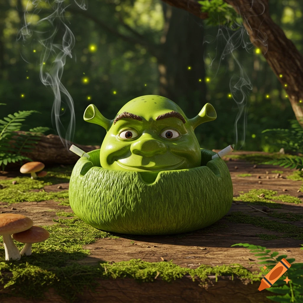 A Shrek-head ashtray with burning cigarettes sitting on a mossy log in a lush green forest with mushrooms.