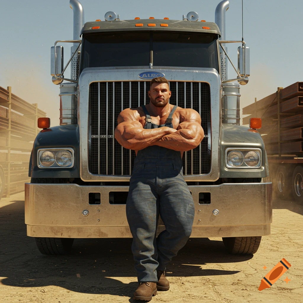 A super muscular man in denim overalls stands confidently with arms crossed in front of a large semi-truck under a clear sky.