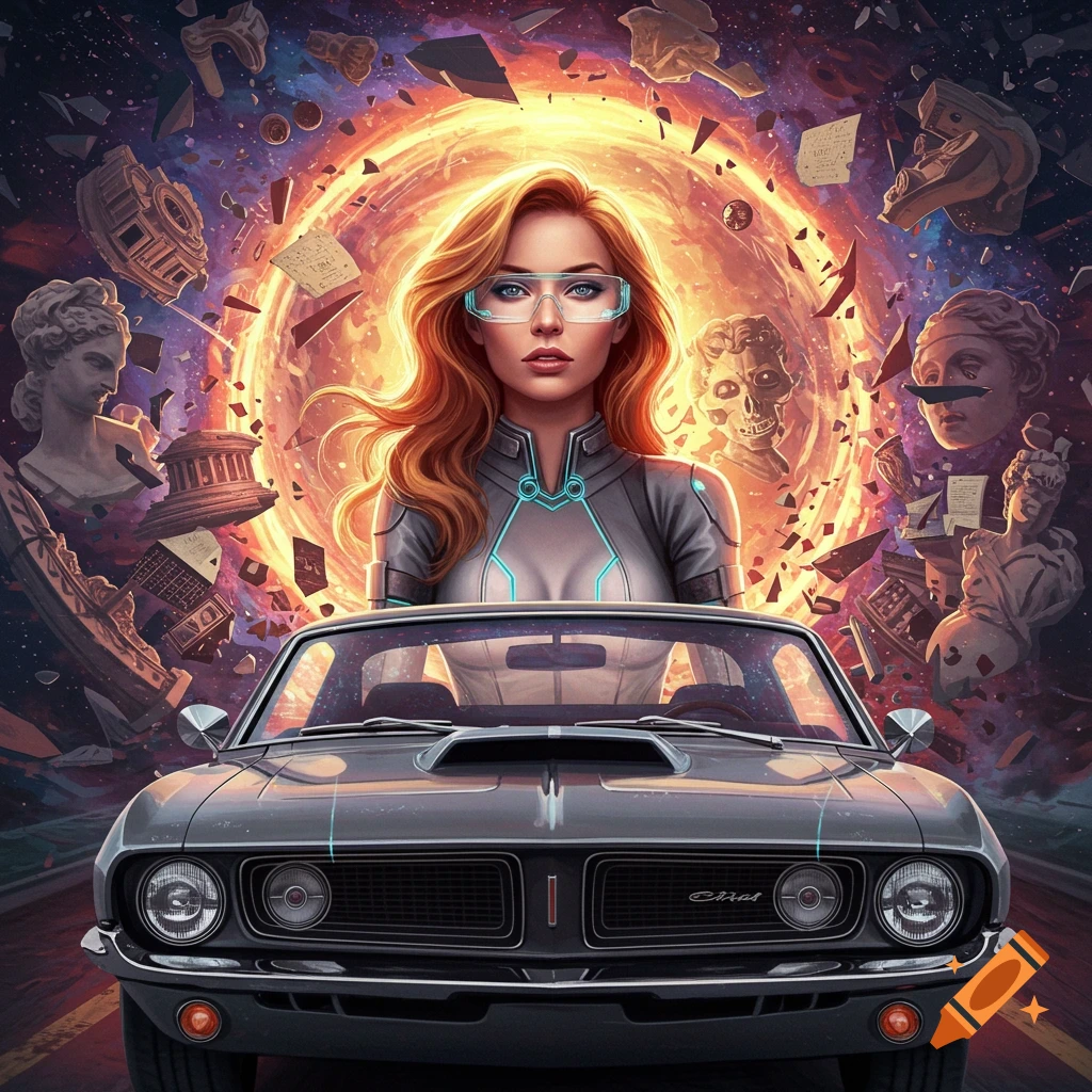 A woman with reddish-blonde hair and futuristic glasses sits in a muscle car, driving through a cosmic time vortex filled with swirling debris of ancient artifacts.