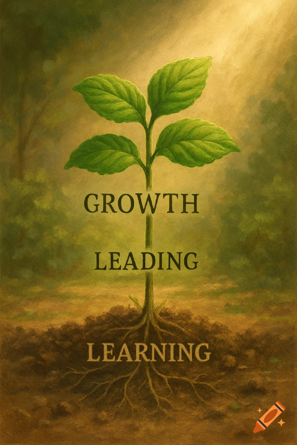 A green plant with leaves, stem, and roots, labeled 'GROWTH', 'LEADING', and 'LEARNING' respectively, in a warm, painterly style.