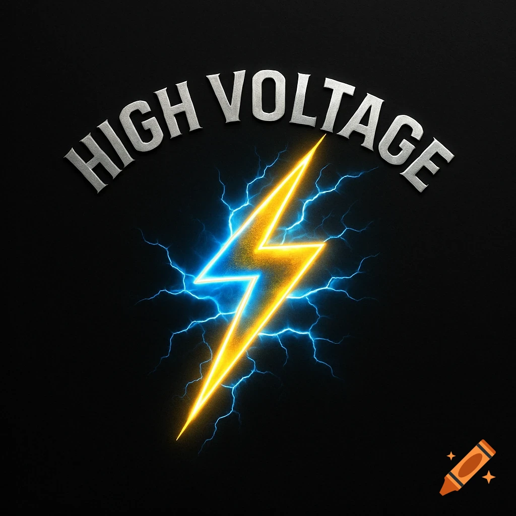 A logo featuring a bright yellow and blue lightning bolt with the words 'HIGH VOLTAGE' in metallic silver text above it, all on a black background.
