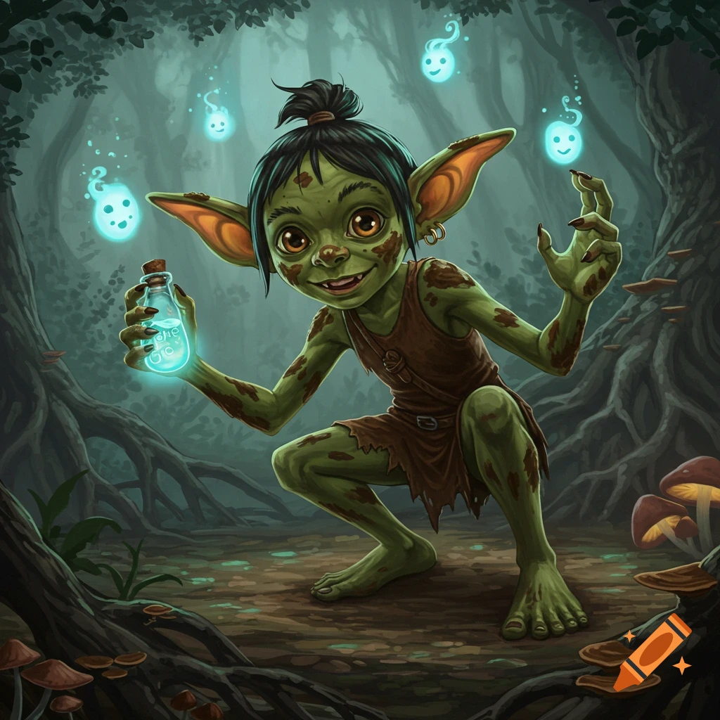 A green-skinned goblin in a forest crouches, holding a glowing blue potion bottle. Blue ghost-like spirits float around it.