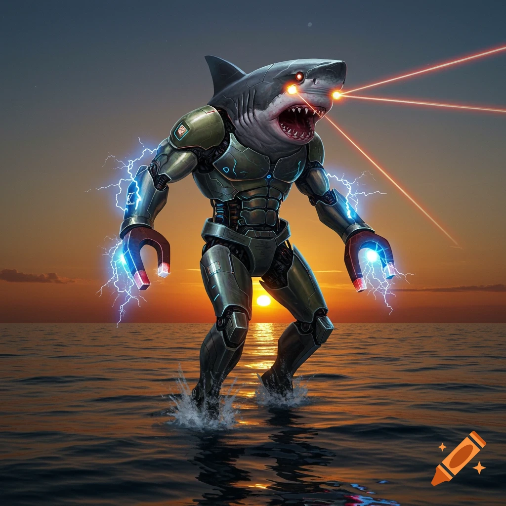A robotic shark creature with laser eyes and magnet hands stands in water at sunset.