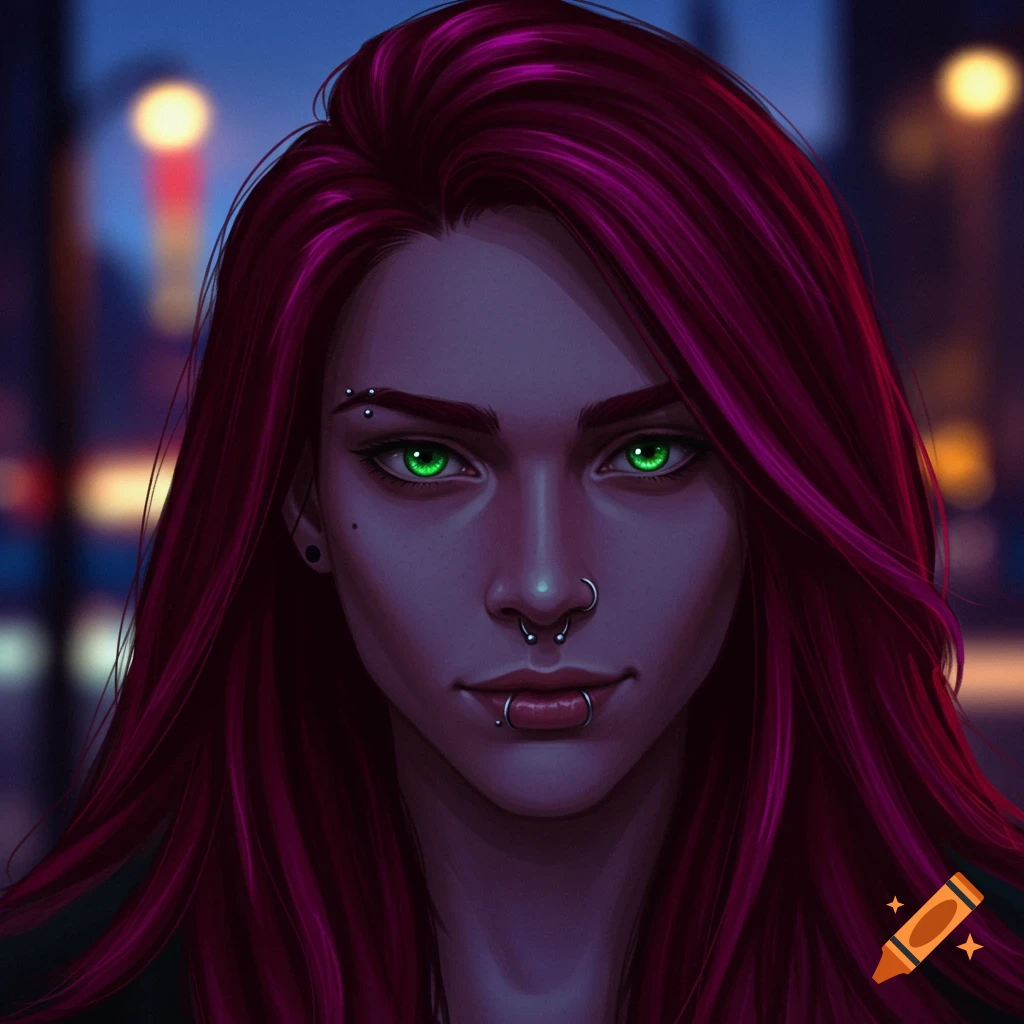 Close-up digital portrait of a person with long burgundy hair, glowing green eyes, and facial piercings, against a blurry night city.