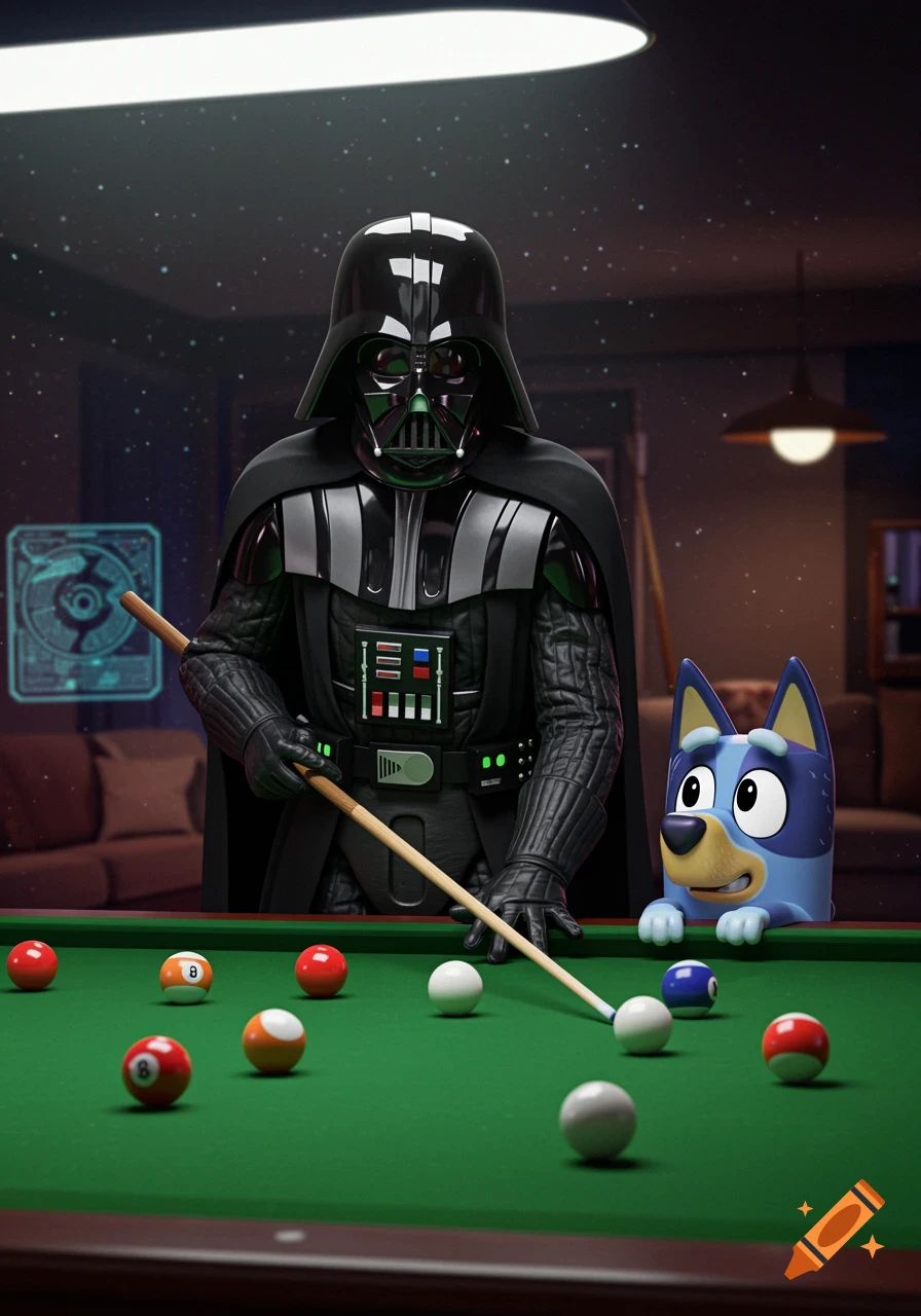 Darth Vader plays pool with Bluey, the blue dog cartoon character, leaning on the pool table watching him. The scene is set in a dimly lit room.
