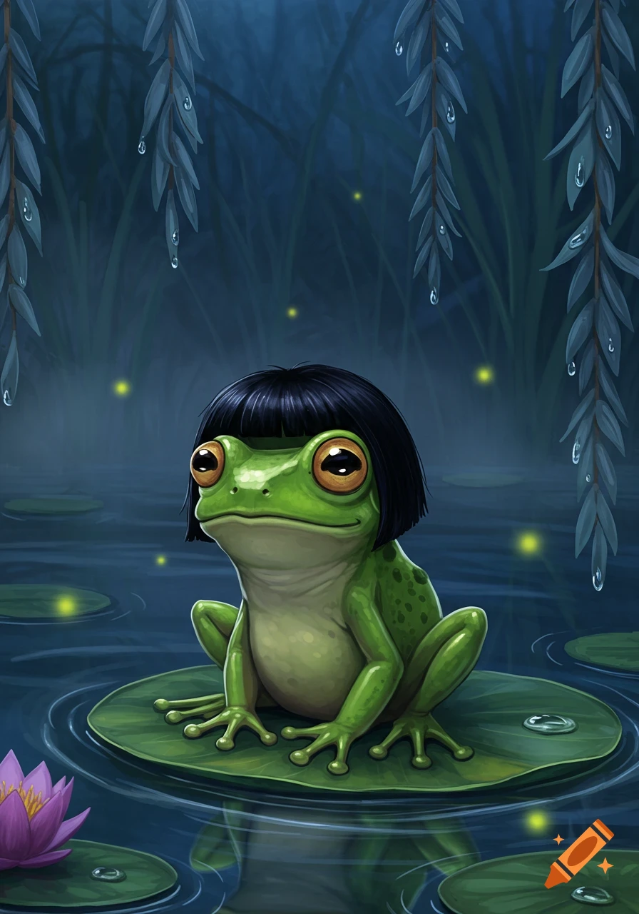 Cartoon frog with black bob haircut on a lily pad in a dark pond with fireflies and hanging leaves.
