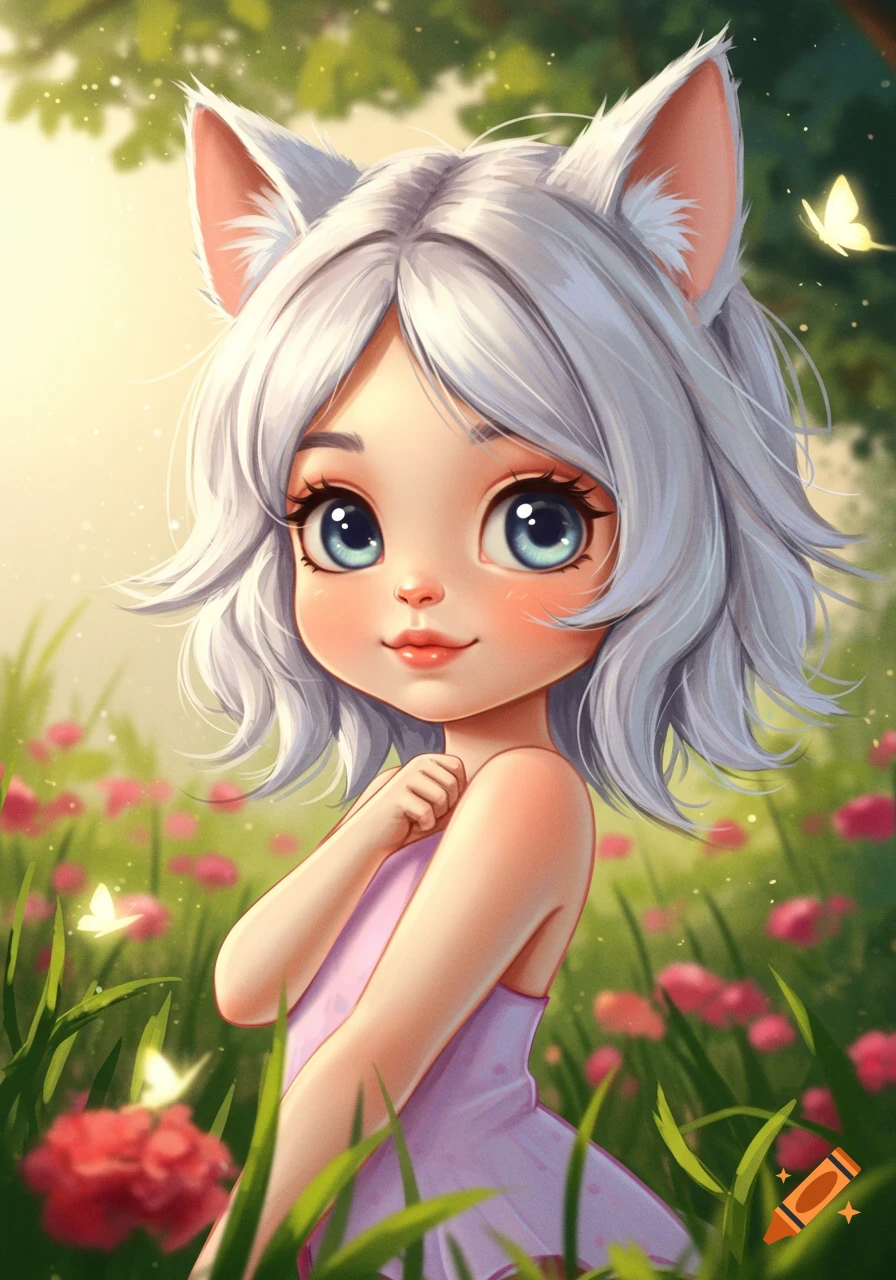 Cute cartoon girl with white hair and cat ears in a purple dress, standing in a vibrant field of pink flowers with butterflies in a digital painting style.