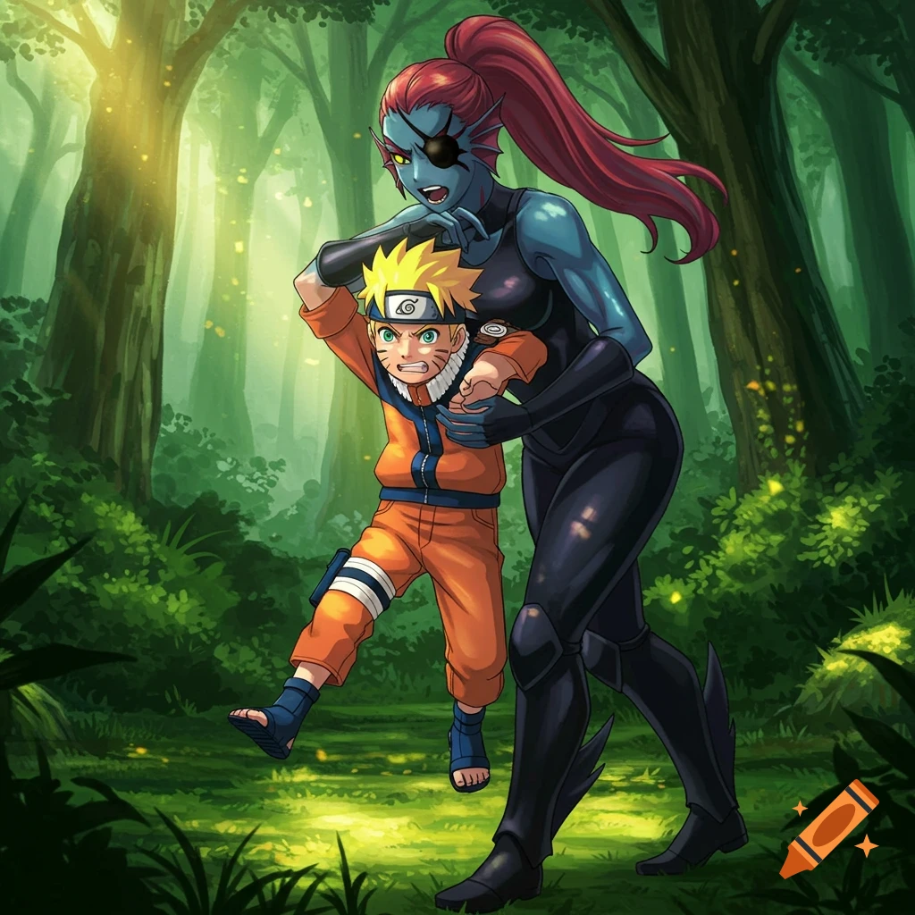 Naruto Uzumaki is dangled by the back of his jumpsuit by Undyne in a lush green forest with dappled sunlight.