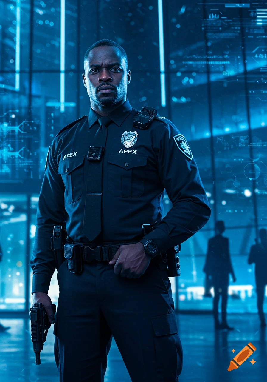 A serious security guard in a dark blue uniform holds a gun in a futuristic blue-lit building.