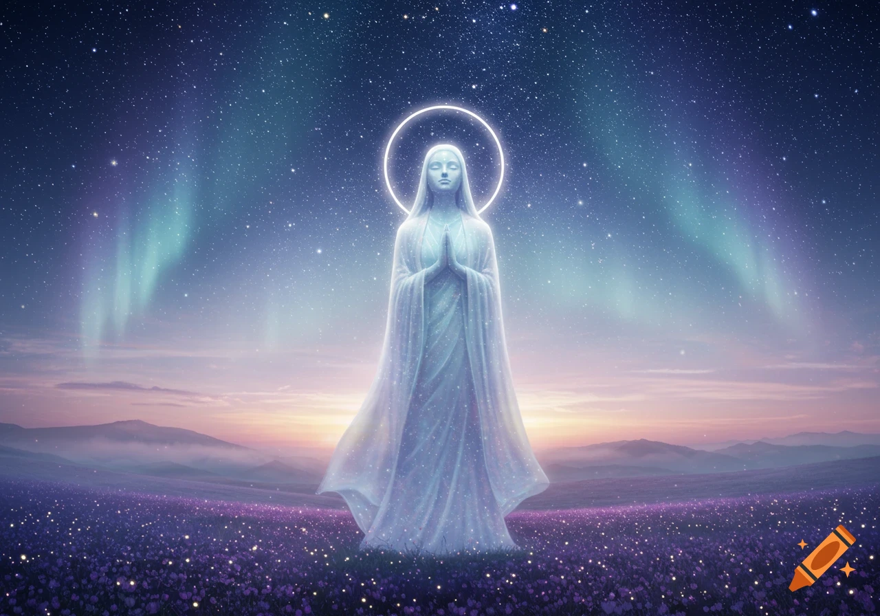 An ethereal goddess-like figure with a halo, hands clasped in prayer, stands in a field of glowing purple flowers under a starry sky with northern lights.