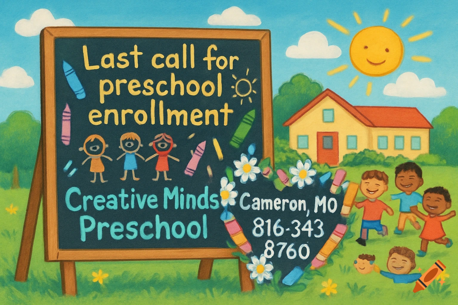 A colorful children's illustration of a chalkboard with preschool enrollment info, surrounded by playing children and a house.