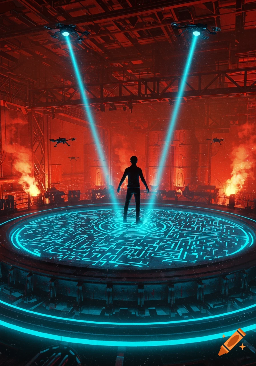 A silhouetted figure stands on a glowing blue circular platform in a red-lit industrial chamber, illuminated by beams from flying drones. Sci-fi digital art.