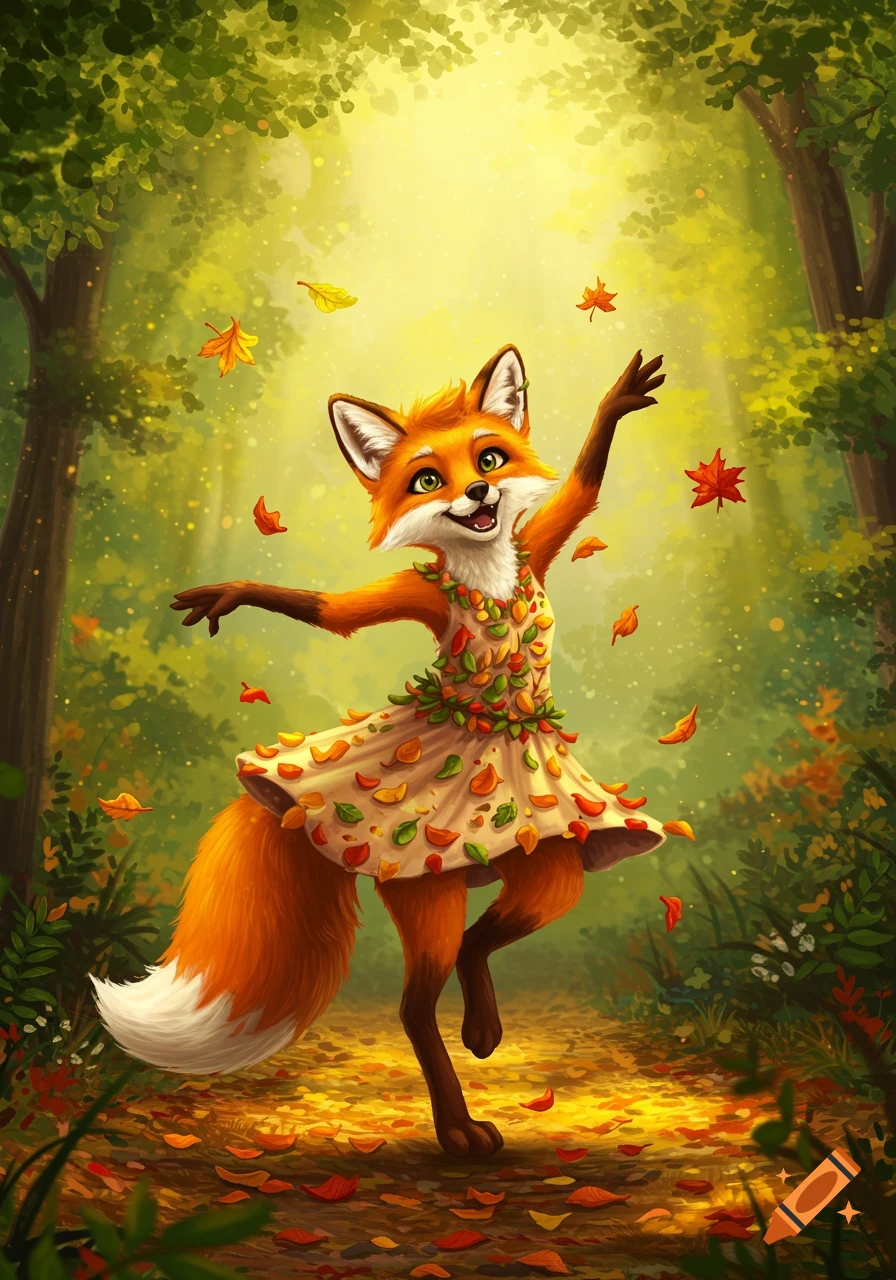 A cute anthropomorphic fox wearing a dress dances in a sunlit forest with falling autumn leaves, vibrant cartoon style.