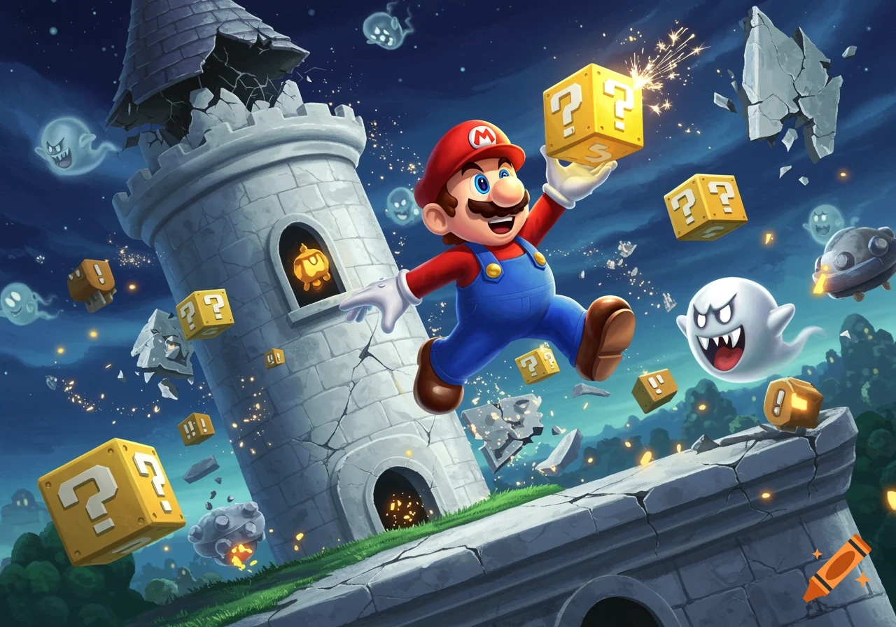Super Mario jumps holding a sparkling question block amidst a crumbling castle, floating blocks, and ghosts at night.
