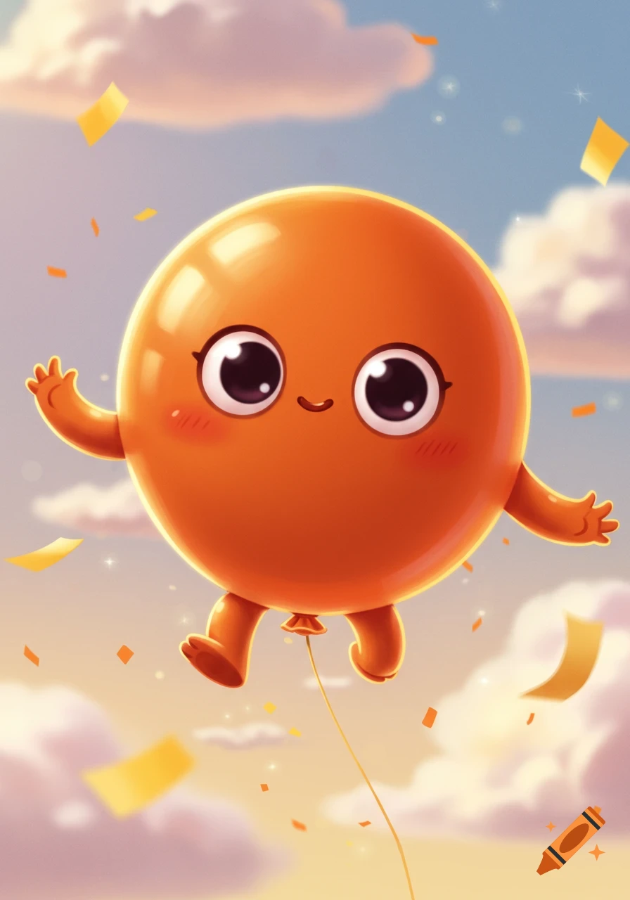 A cute orange balloon character with a smiling face and limbs floats among clouds with confetti.