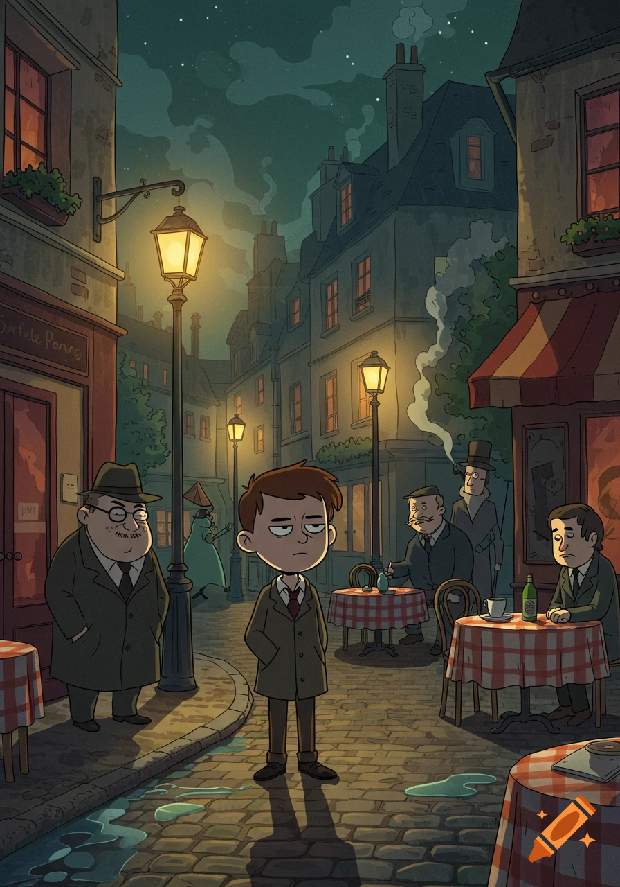 Cartoon illustration of a skeptical young man in a trench coat on a rainy cobblestone street at night, with Parisian-style buildings and street lamps.