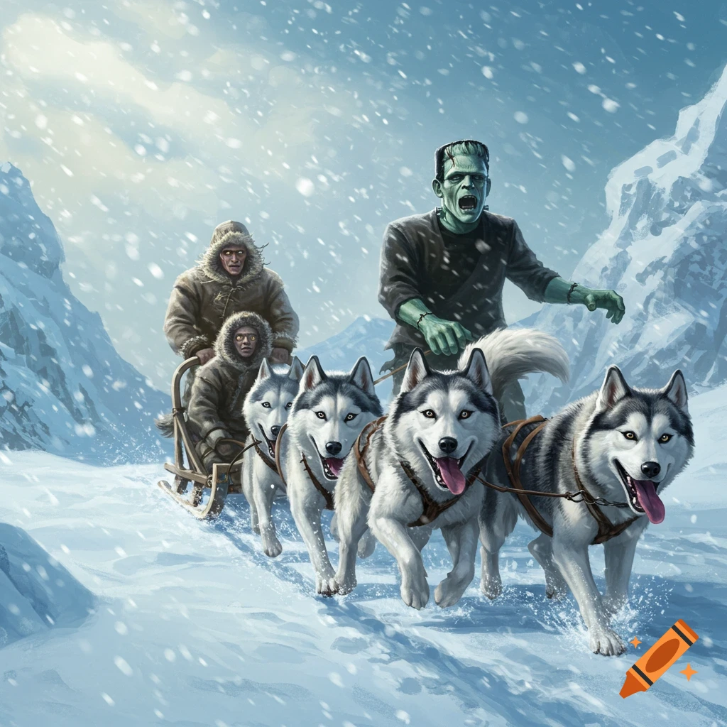 Frankenstein's monster leads a team of huskies pulling a sled with two fur-clad people through a snowy mountain landscape.