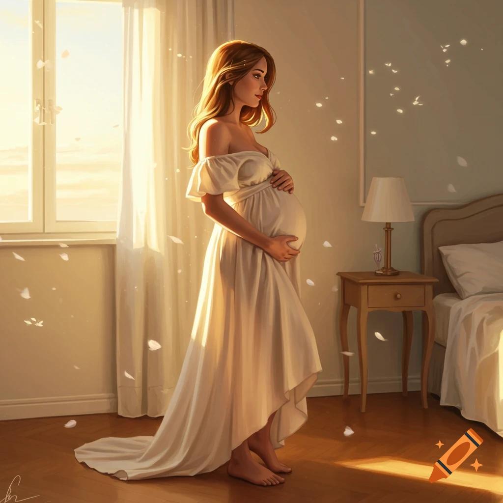 A pregnant woman in a flowing white dress stands in a sunlit room, gently holding her belly.
