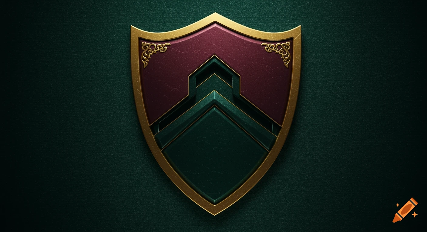 A stylized burgundy and dark green shield with gold trim and ornate accents, set against a dark green textured background.