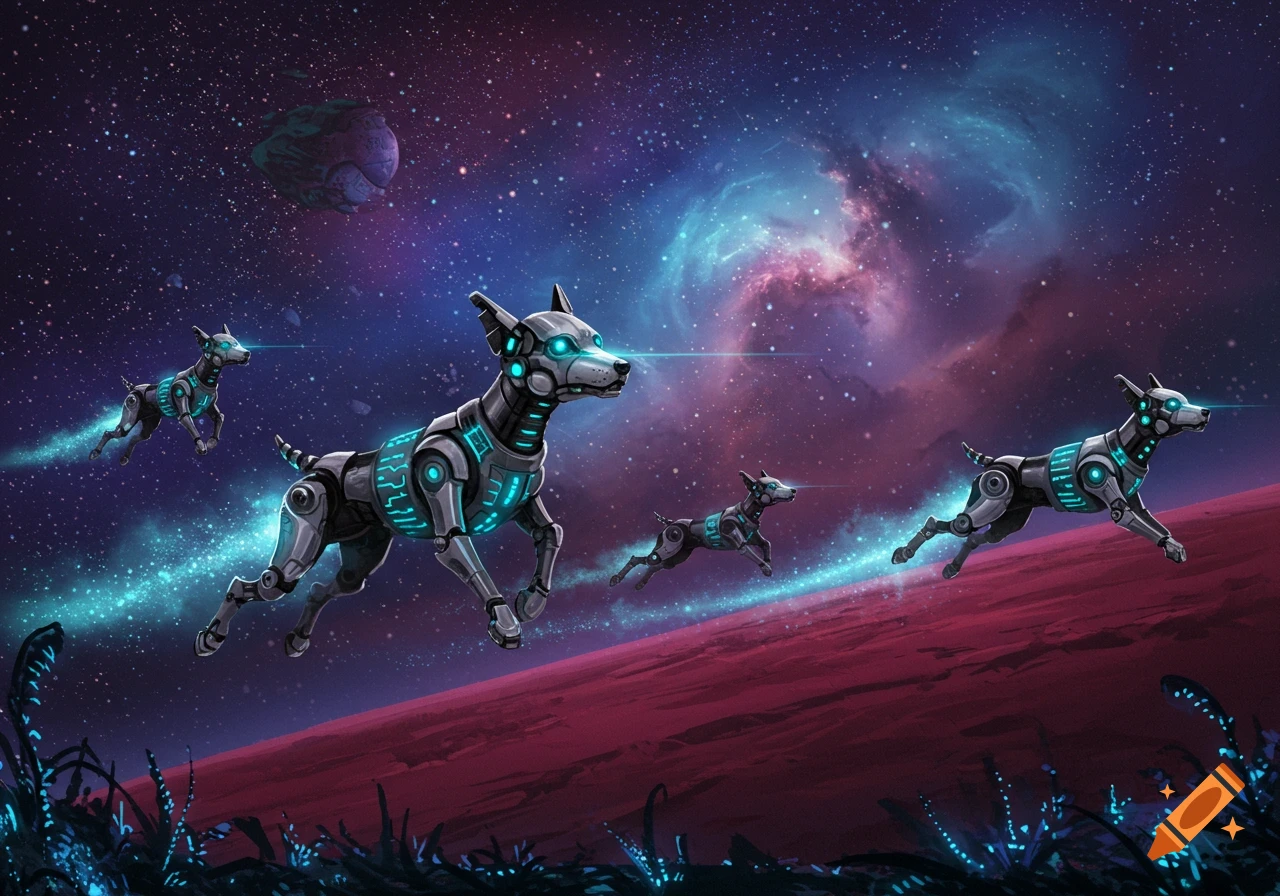 Robotic dogs with glowing blue features run across a reddish alien planet under a vibrant purple and blue galaxy sky.