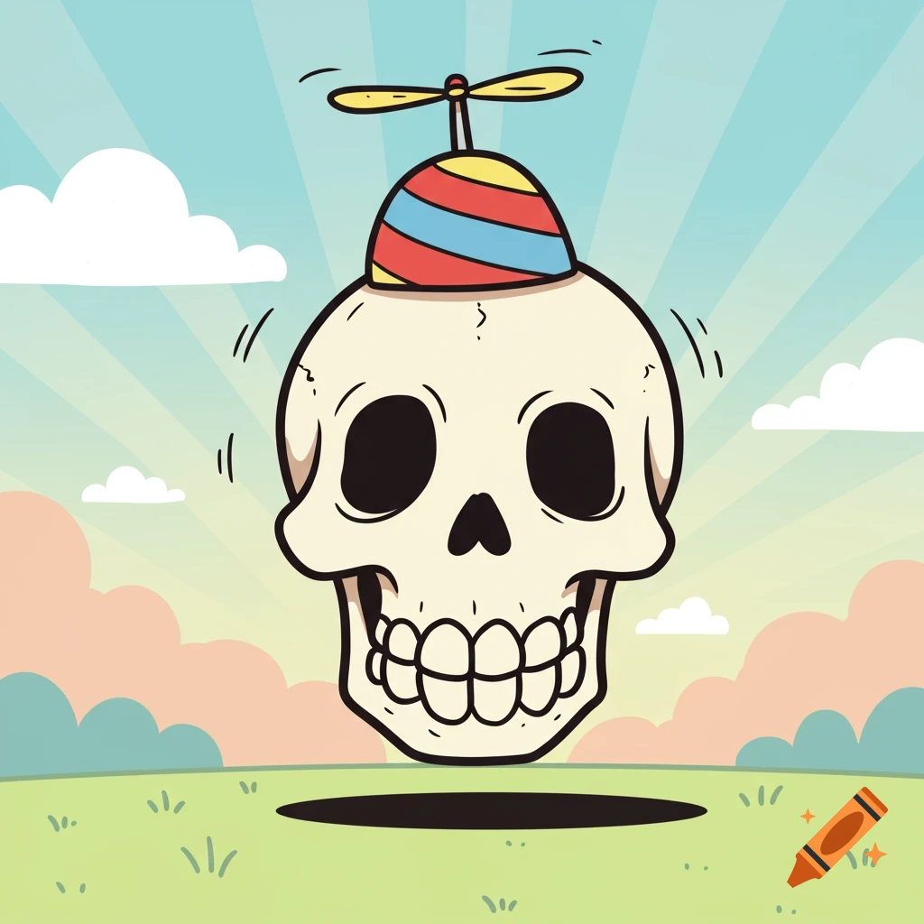 A silly cartoon skull wearing a propeller hat floats above green grass under a blue sky with clouds.