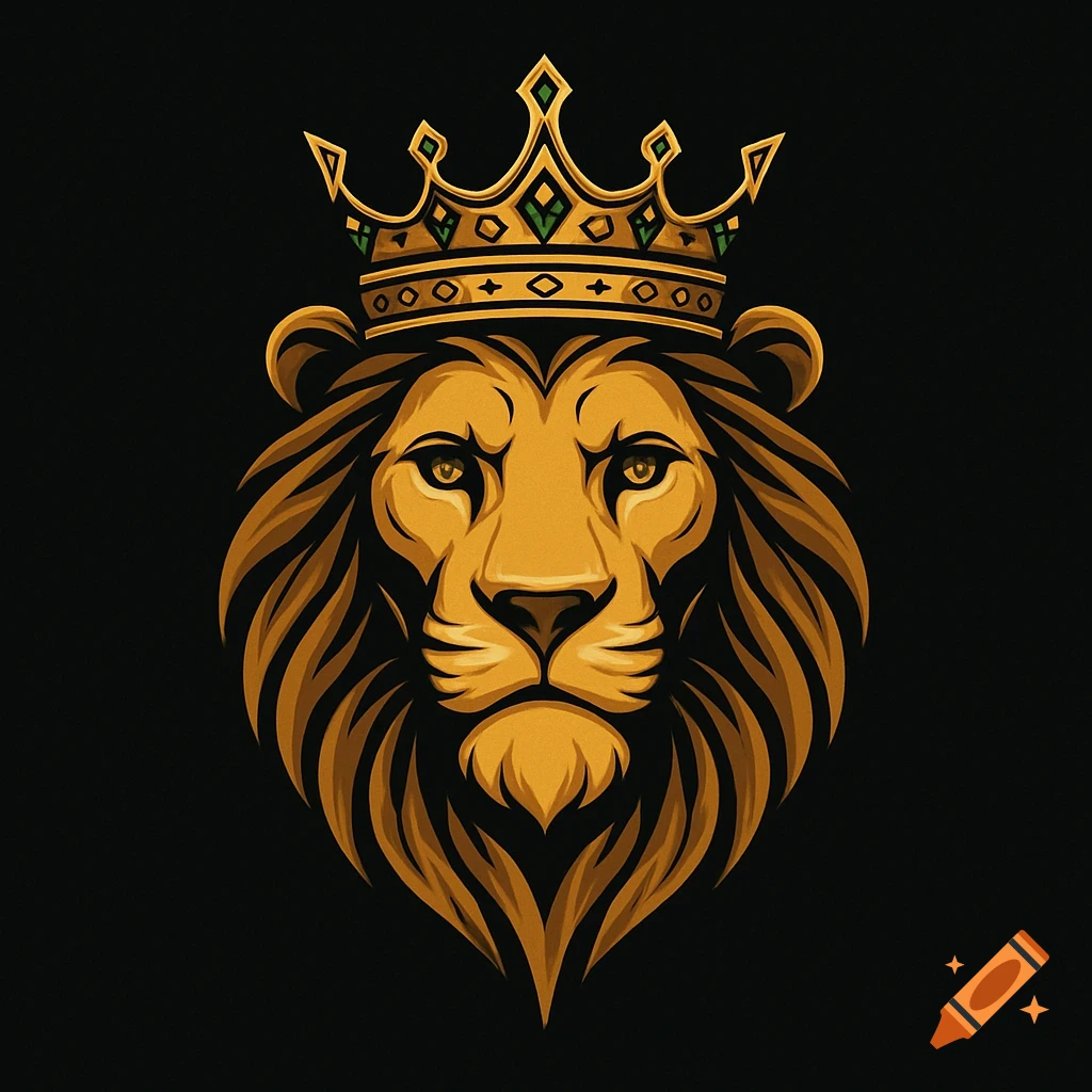 A stylized golden lion head with a majestic golden crown adorned with green gems, centered on a dark background.