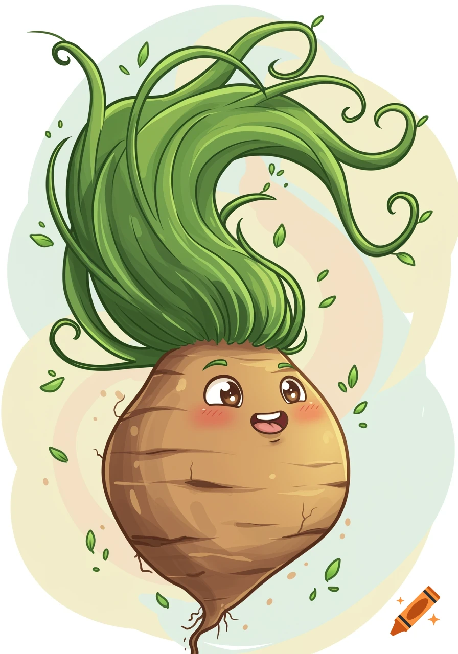 A cute cartoon yam character with a happy face, rosy cheeks, and long flowing green leaves for hair.