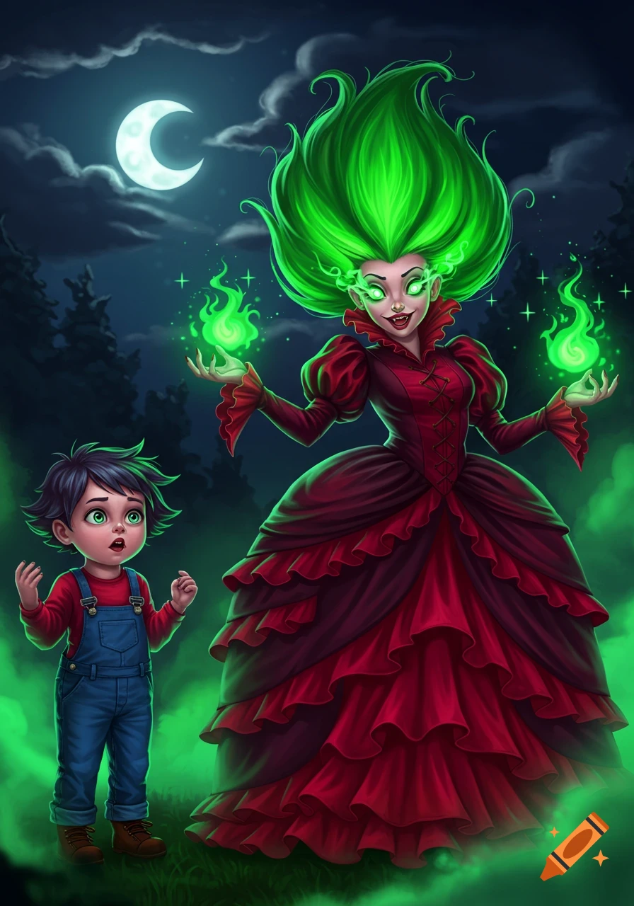 A cartoon witch with electric green hair and a red gothic dress conjures green fire as a young boy in overalls watches in a forest at night.