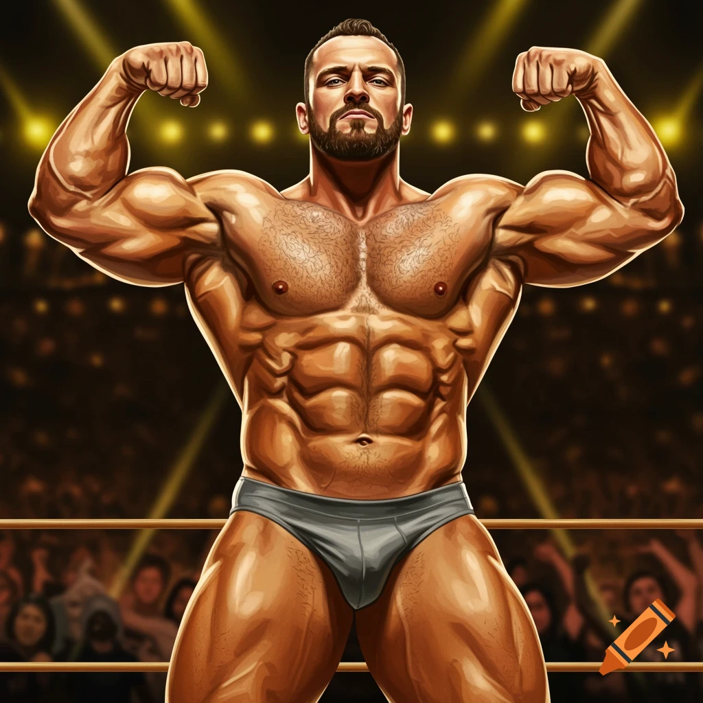 An incredibly muscular male bodybuilder with a beard and hairy chest flexes his biceps on a wrestling stage, with a blurred crowd in the background.