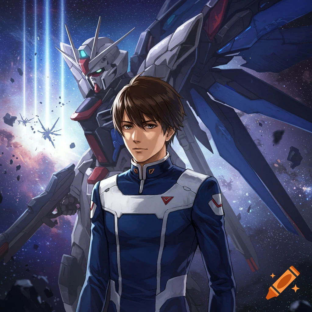 An anime male character in a blue and white suit stands in front of a giant white and blue mecha robot in space with asteroids.