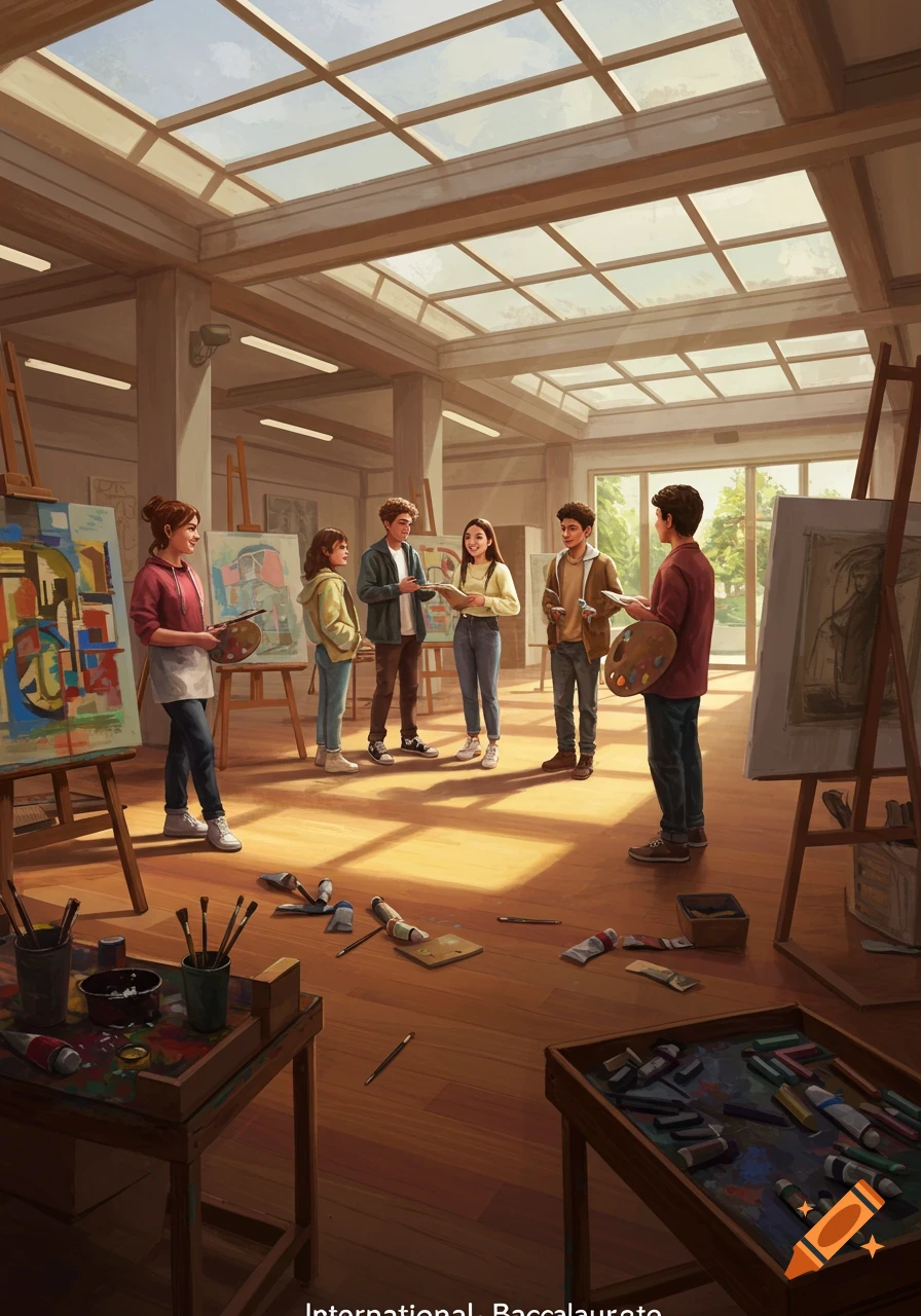 An illustrated image of several young students gathered in a bright art studio with easels and paintings.