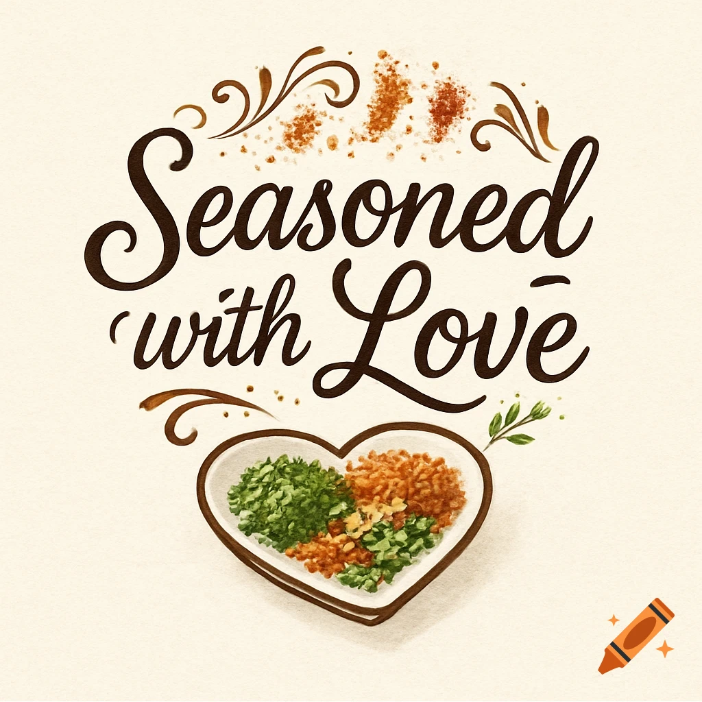 A logo design with the text 'Seasoned with Love' above a heart-shaped bowl filled with green herbs and orange spices, with decorative flourishes.