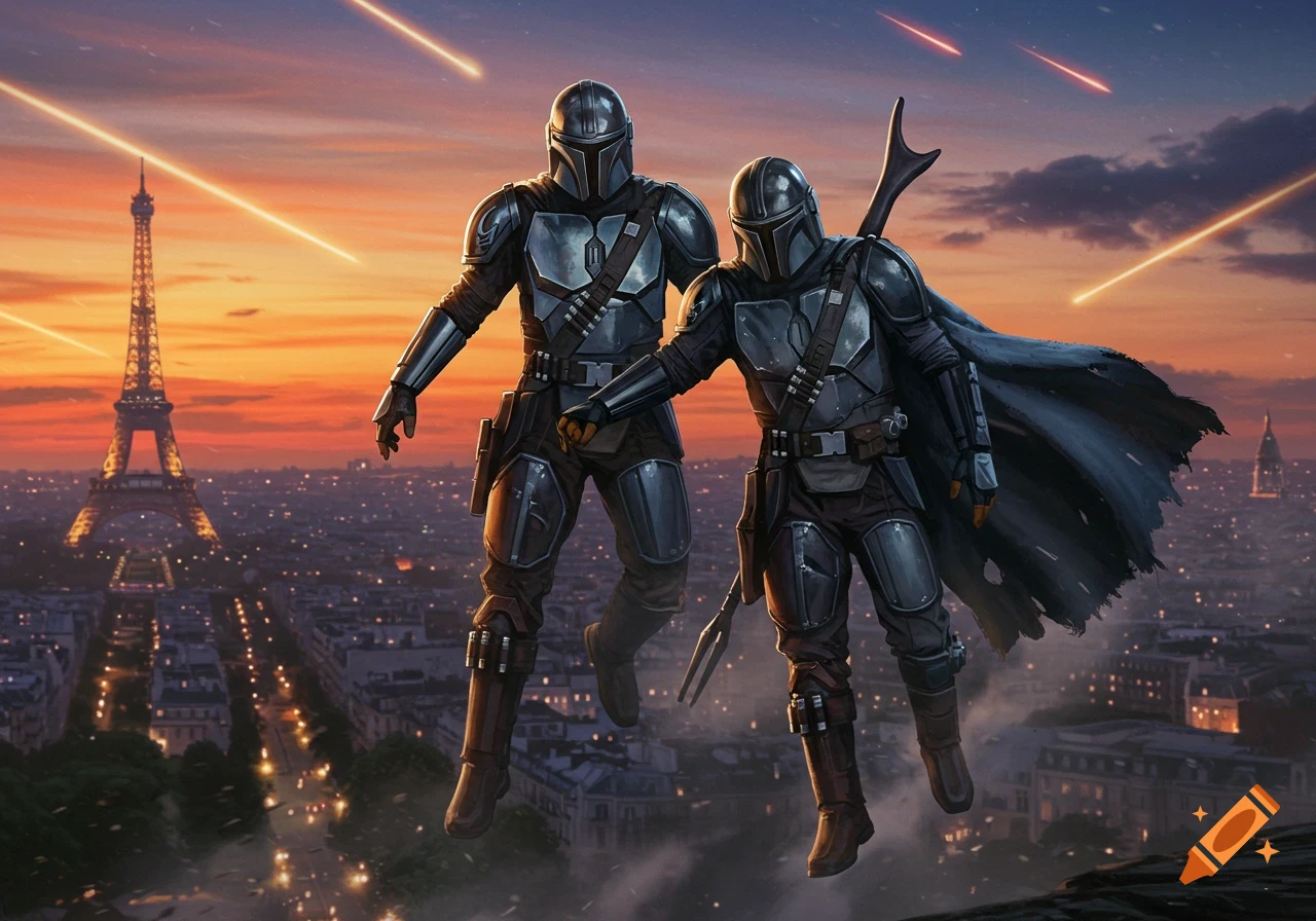 Two armored Mandalorians float above a futuristic Paris skyline with the Eiffel Tower and shooting stars at sunset.