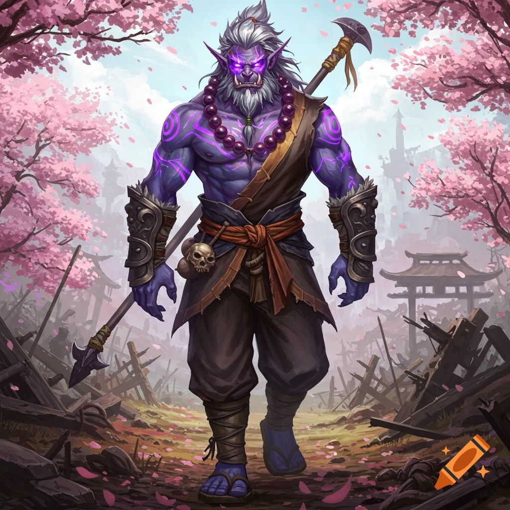 A powerful purple-skinned orc-elf warrior with glowing eyes and tattoos, wielding a spear, walks through a ruined battlefield under cherry blossom trees.