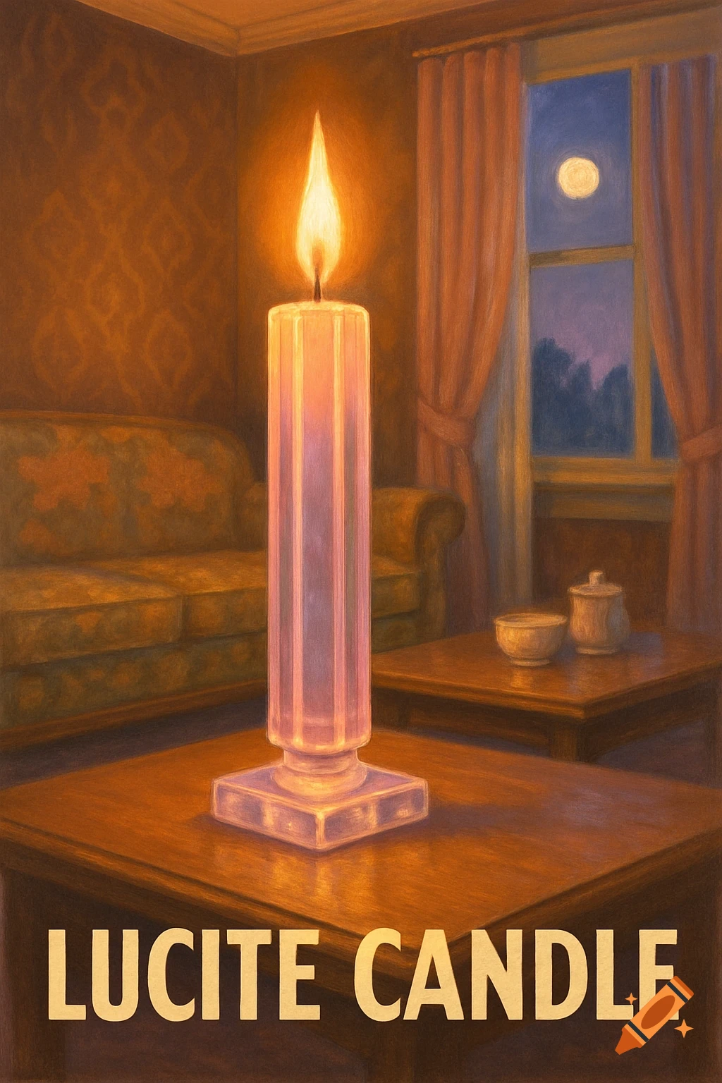 A vintage ad illustration featuring a lit lucite candle on a wooden table in a cozy room at night, with a moonlit window in the background.