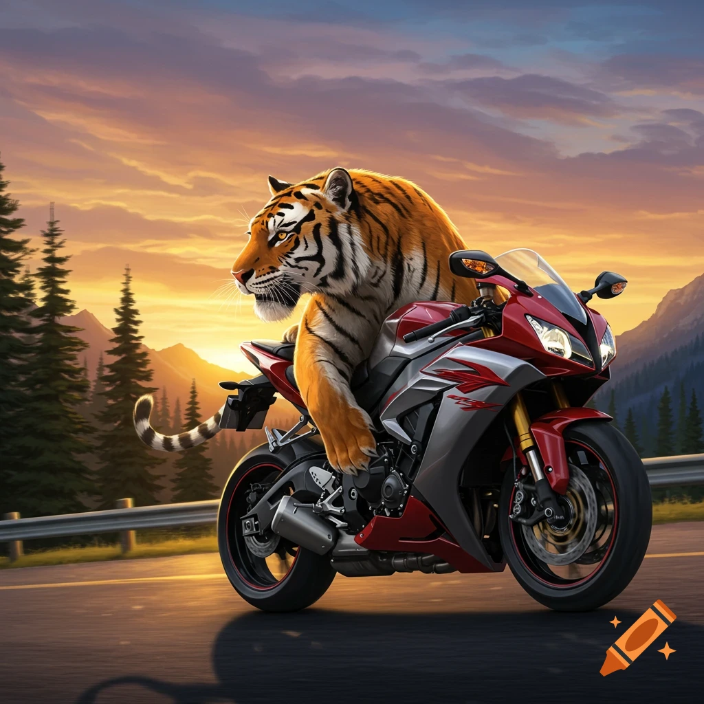 A realistic tiger rides a red and silver sportbike down a highway at sunset, with mountains and pine trees in the background.