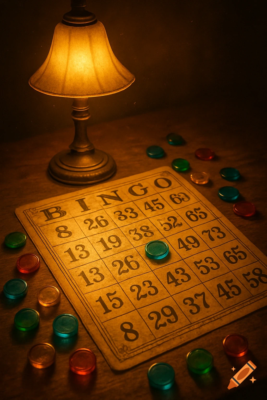 A vintage bingo card with colorful game chips under the warm light of a table lamp on a wooden surface.