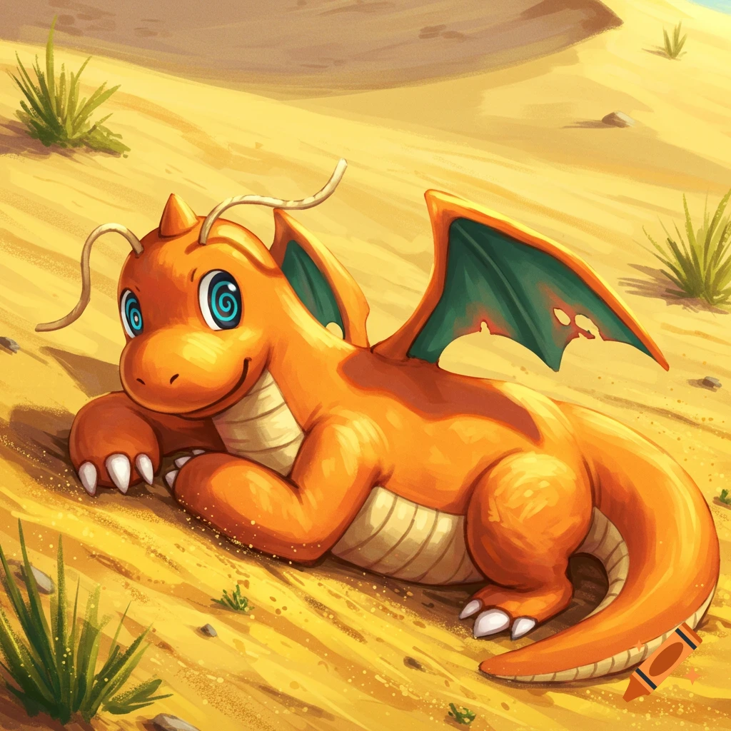 A swirly-eyed Dragonite cartoon character lies relaxed on yellow sand and dirt in a sunny desert landscape.