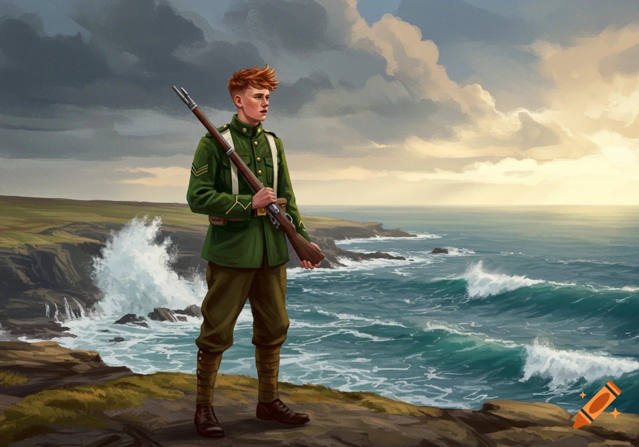 A young, red-haired soldier in a green uniform stands with a rifle on a rocky cliff overlooking a turbulent sea at sunset. Digital painting.