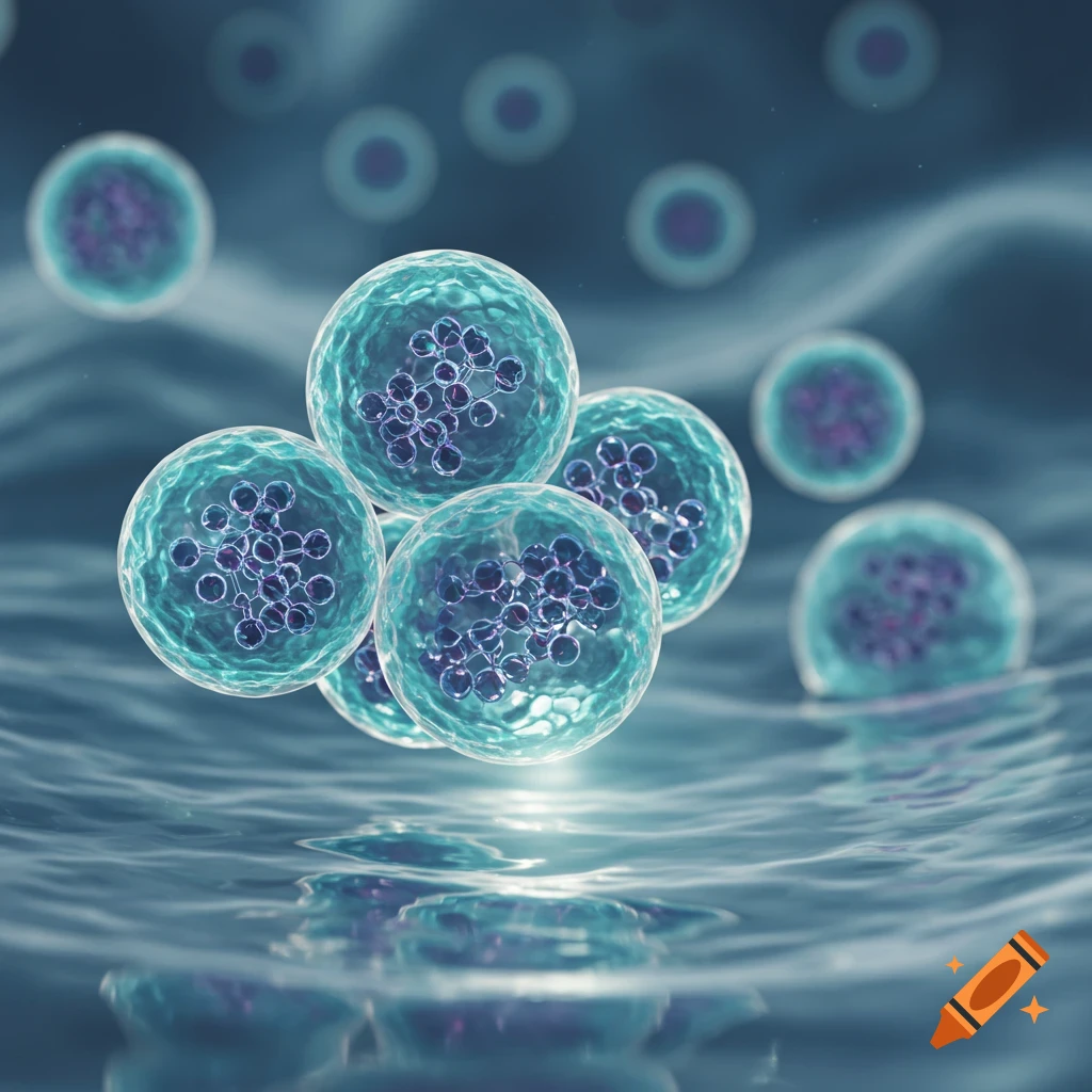 Close-up of numerous turquoise vesicles or cells with purple nuclei, floating in a fluid, with a blurred background.