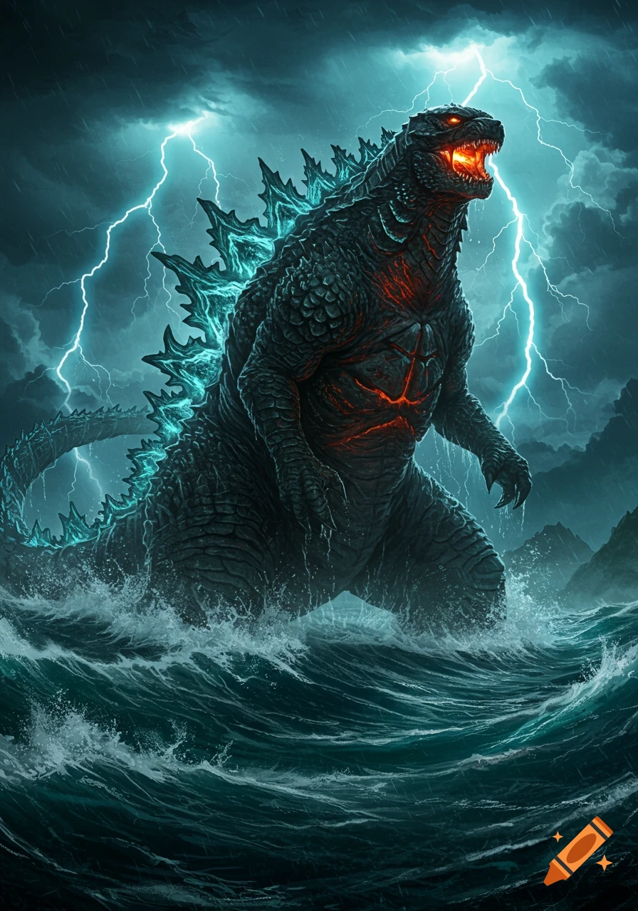 Godzilla roars in a stormy ocean with lightning striking in the dark sky.