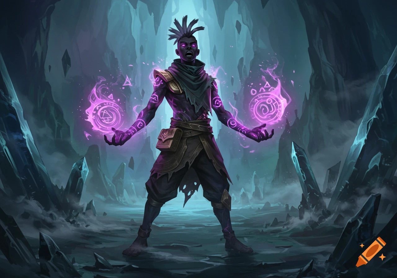 A dark-skinned male fantasy character with dreadlocks and glowing purple energy stands in a crystalline cave.