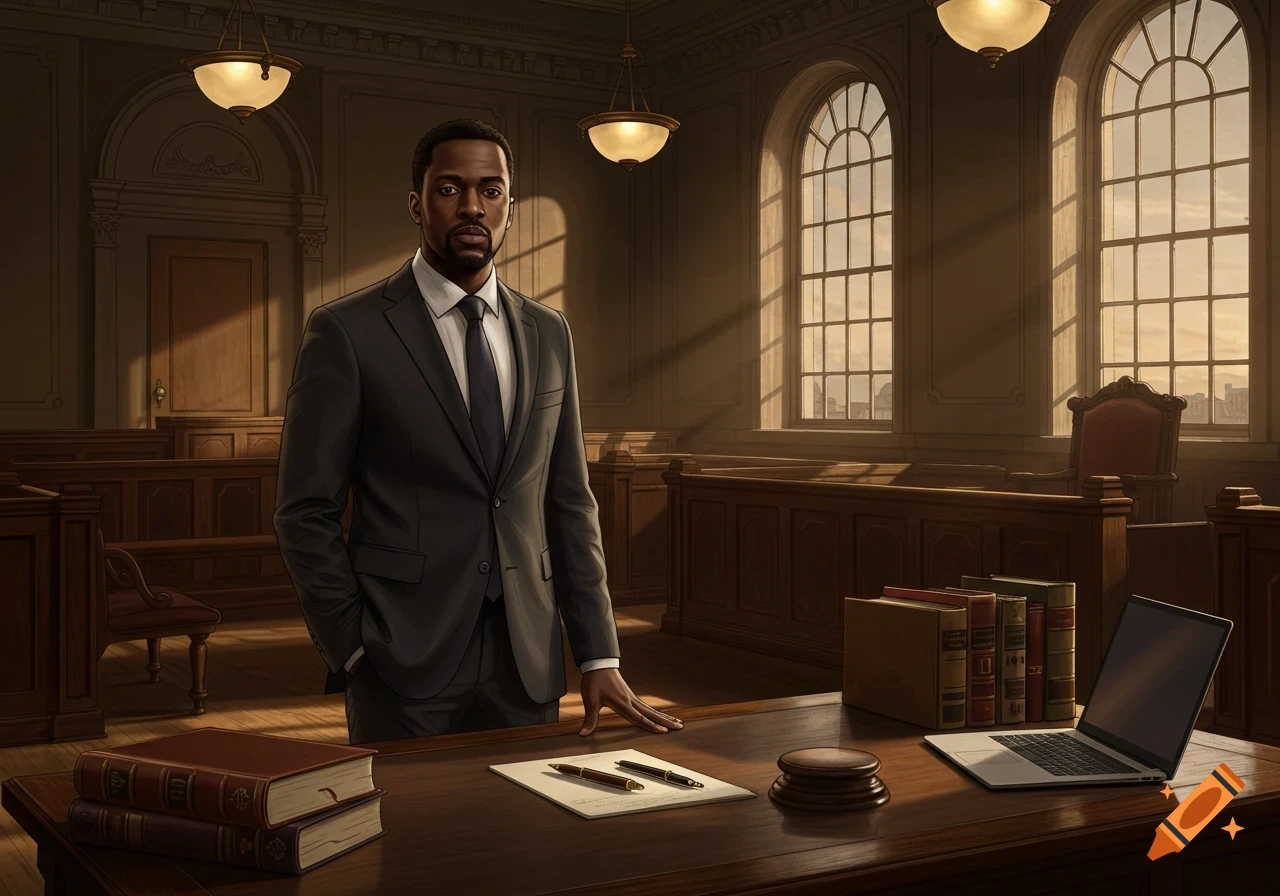 An illustrated Black male lawyer stands behind a wooden table in a courtroom with sunlight streaming through arched windows.