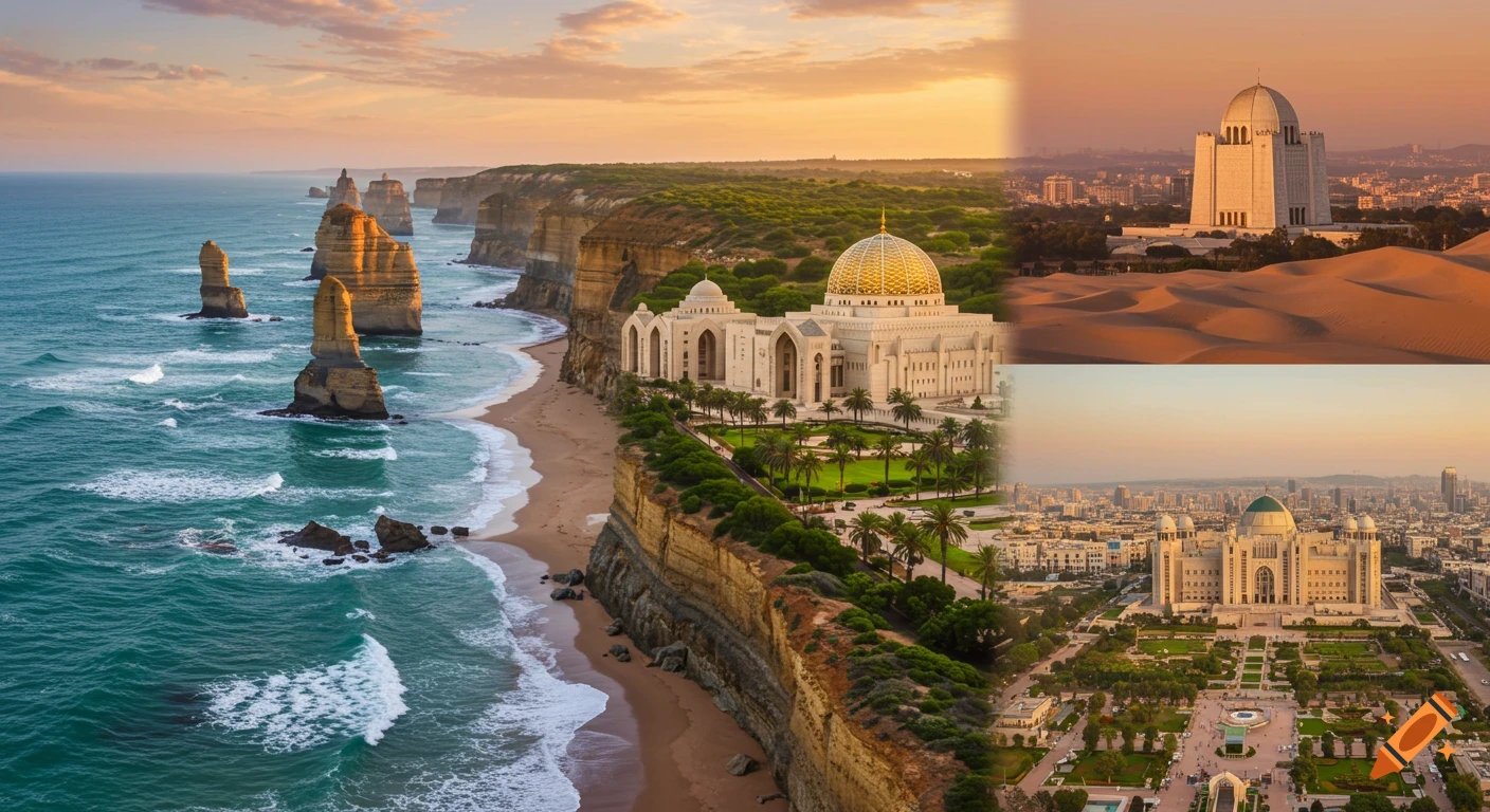 A collage featuring the Twelve Apostles rock formations on the Australian coast on the left, and landmarks from Muscat, Oman, including a grand mosque with a golden dome and another stately building in a city and desert setting, on the right.
