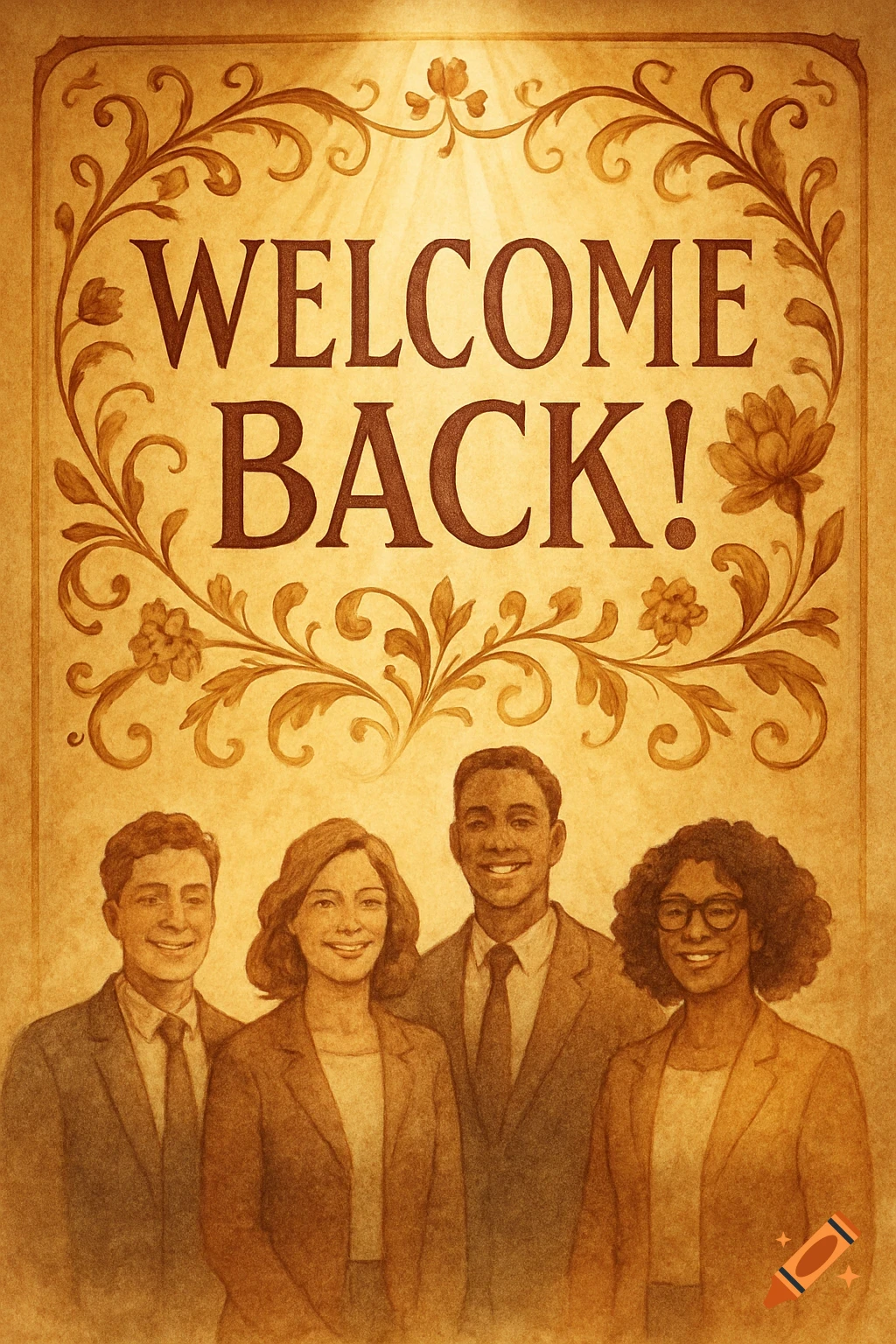 A sepia-toned illustration of a "WELCOME BACK!" sign with four smiling businesspeople below it, featuring ornate borders.