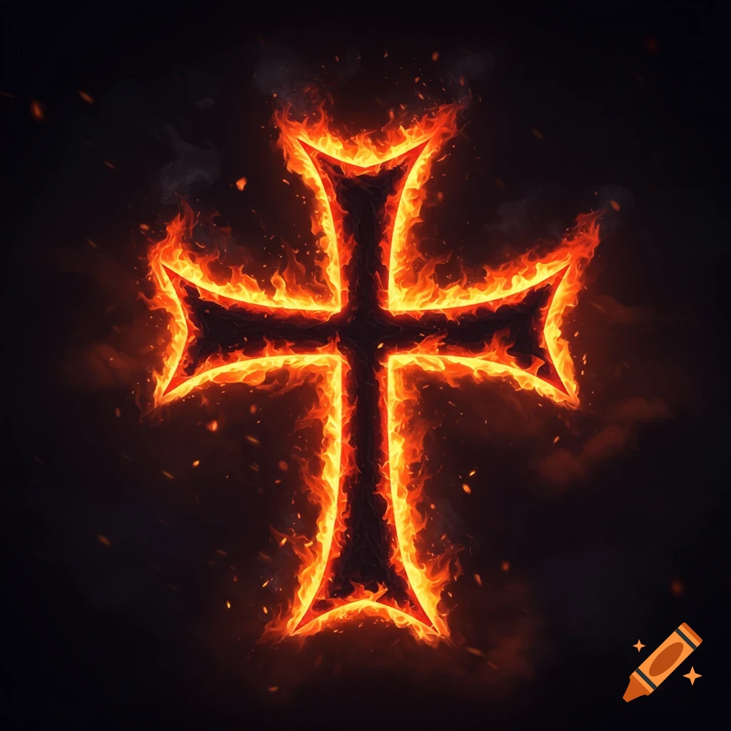 A glowing Maltese cross engulfed in orange and red flames against a dark background, with embers rising.