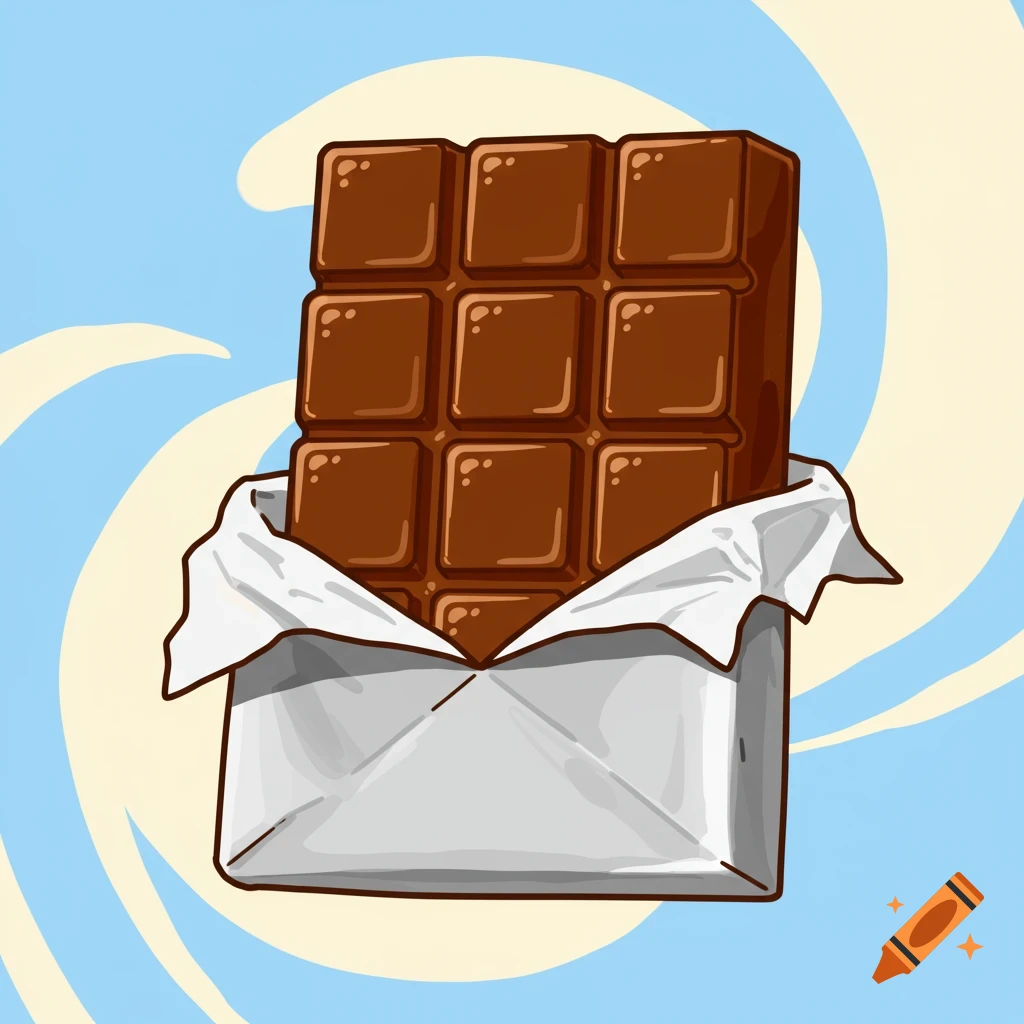 A cartoon chocolate bar with a glossy finish, partially unwrapped from its silver foil, against a swirling blue and cream background.