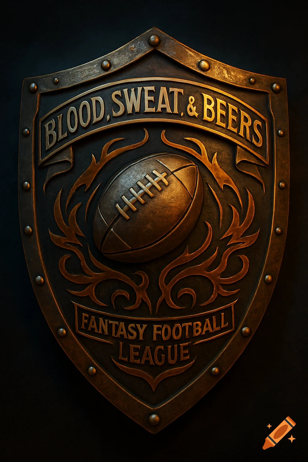 An epic 3D shield for a fantasy football league, featuring an American football and the text "BLOOD, SWEAT, & BEERS" and "FANTASY FOOTBALL LEAGUE" in metallic bronze.